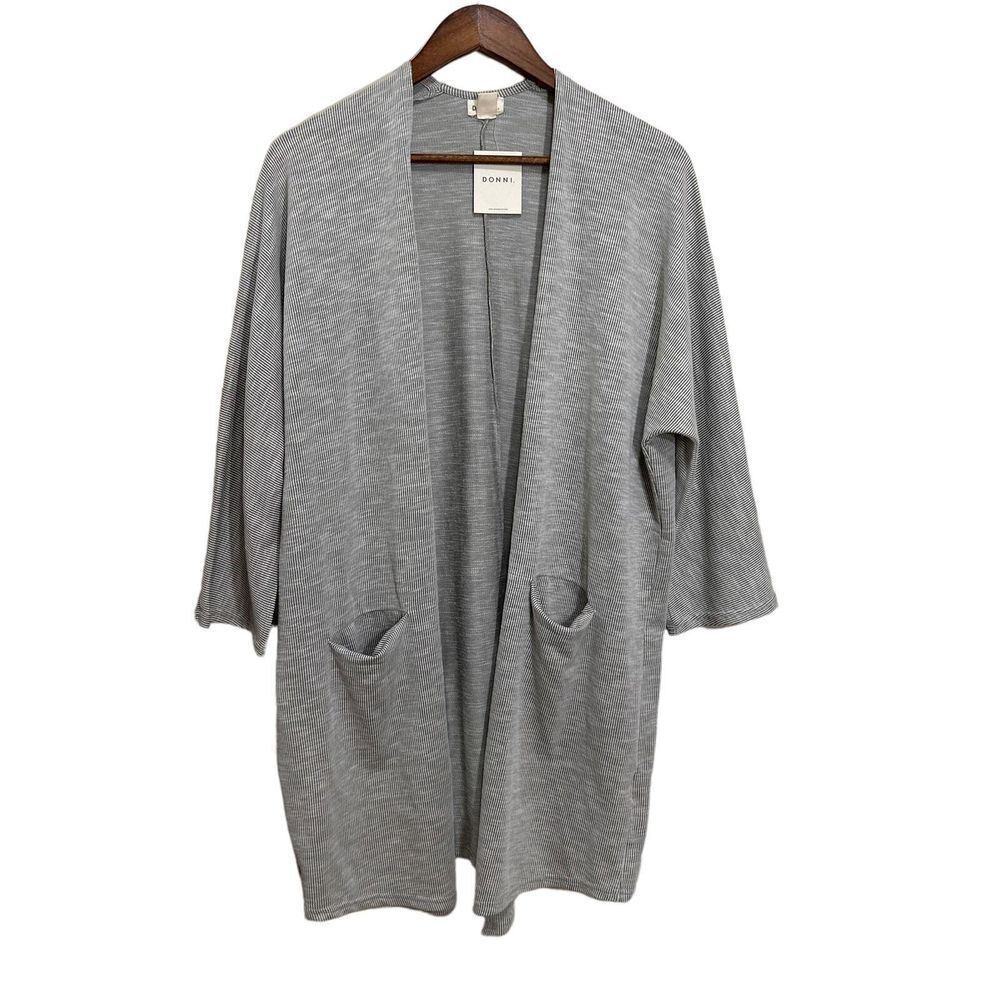 Donni Womens Cardigan Gray One Size Ribbed Open Front Long Sleeve Classic